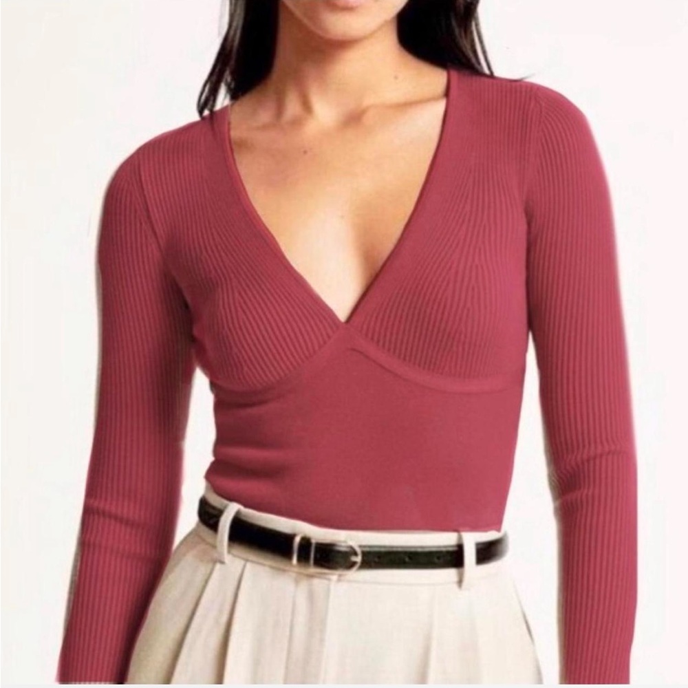 Abercrombie & Fitch Ribbed Deep V-Neck Knit Bodysuit Top Burgundy L